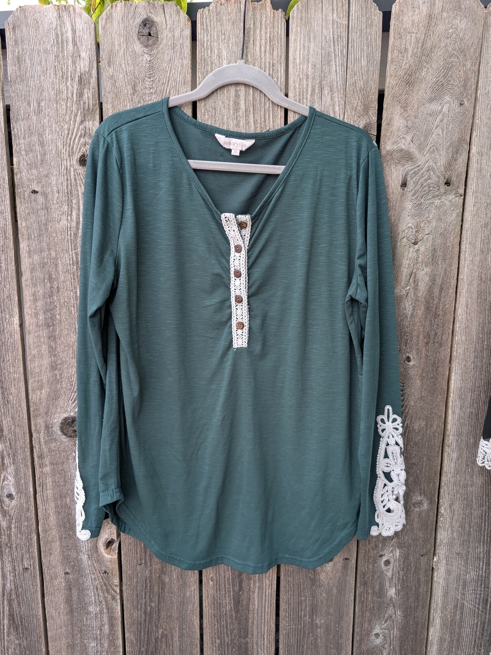 Long-Sleeve Henley Top with Lace Trim - Forest Green